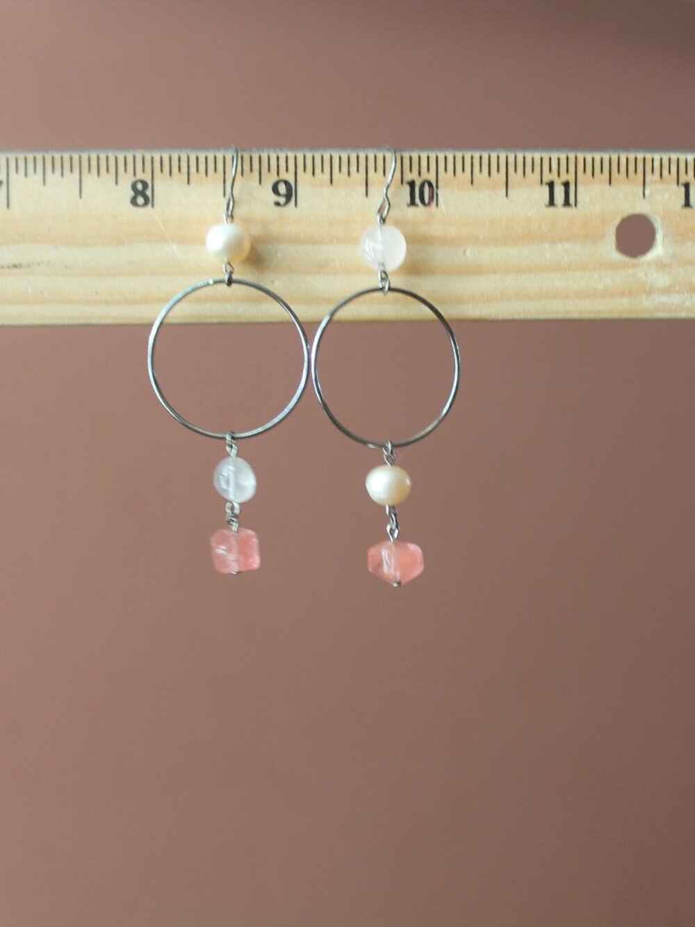 Sterling Silver Hoop Earrings with Pink Beads and Pearl